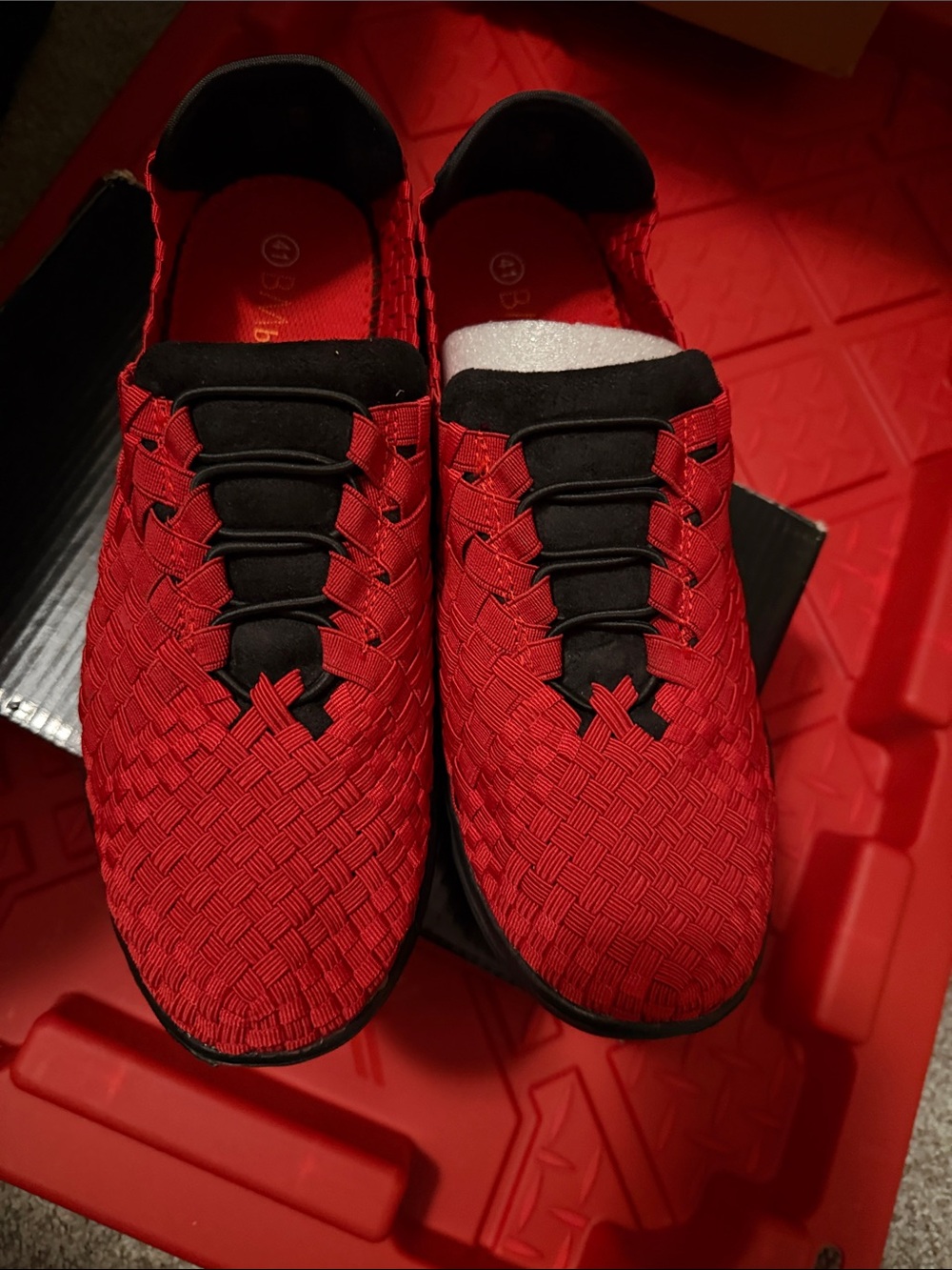bernie mev. Red Woven Slip-On Loafers with Black Trim